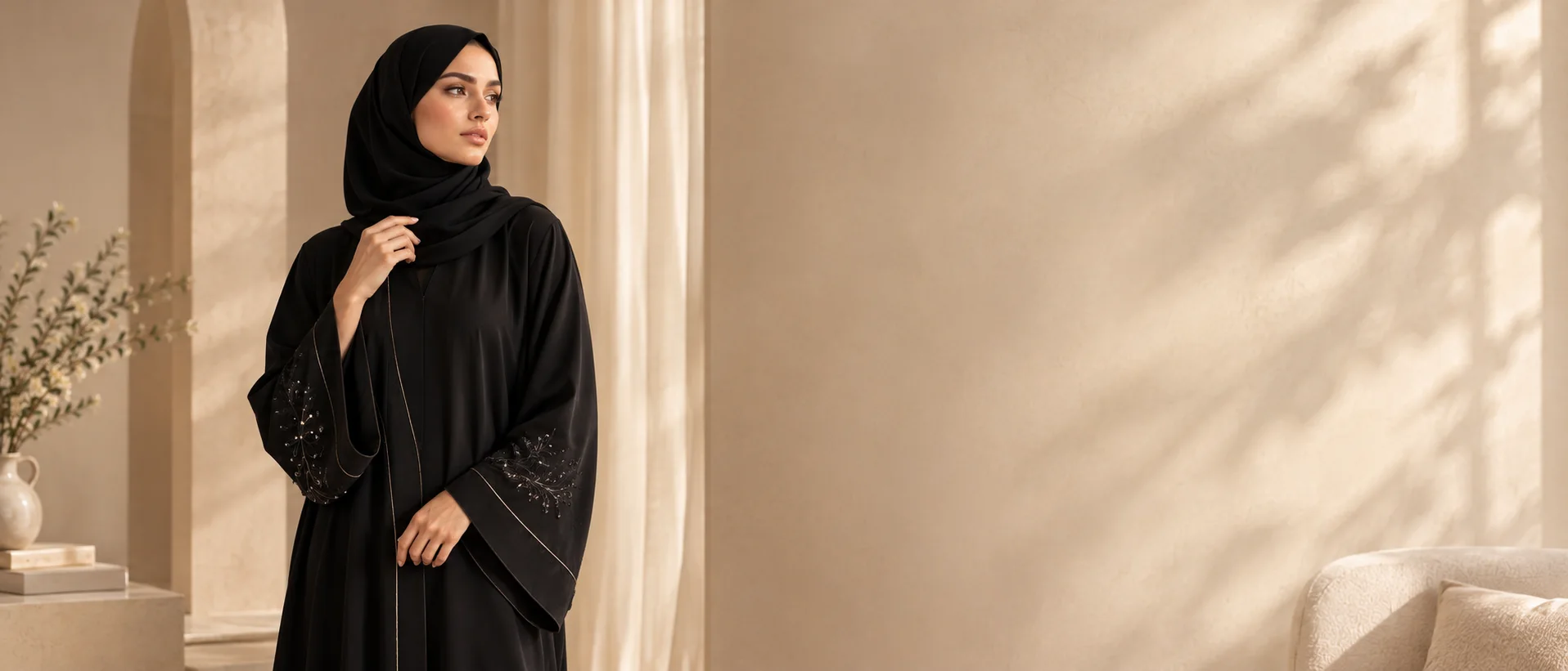 امرأة محجبة بعباية سوداء في غرفة عاجية مضاءة بضوء طبيعي
